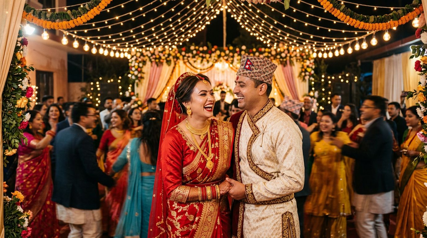 A bride and groom laughing under festoon lights