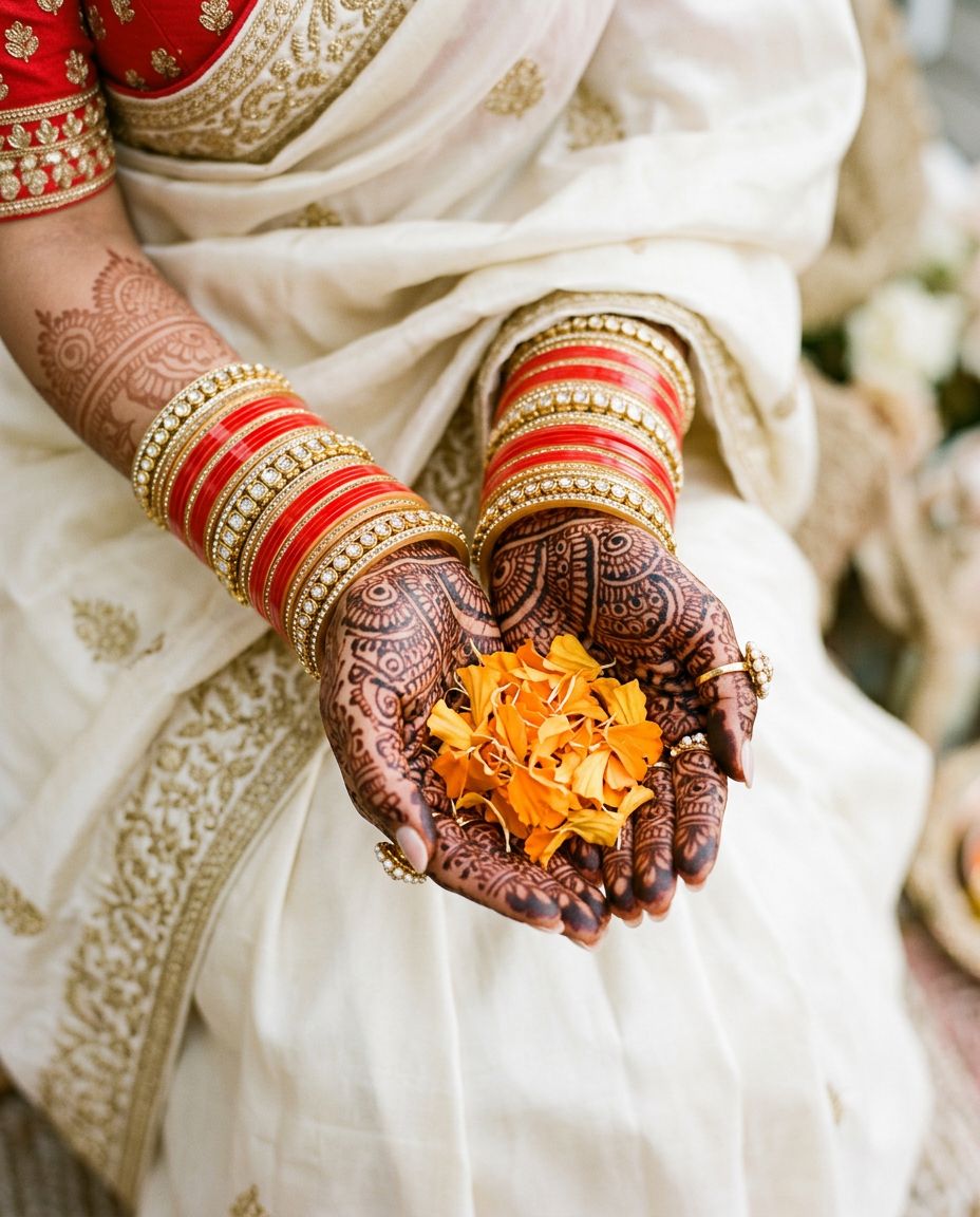 Hennaed hands holding marigold petals
