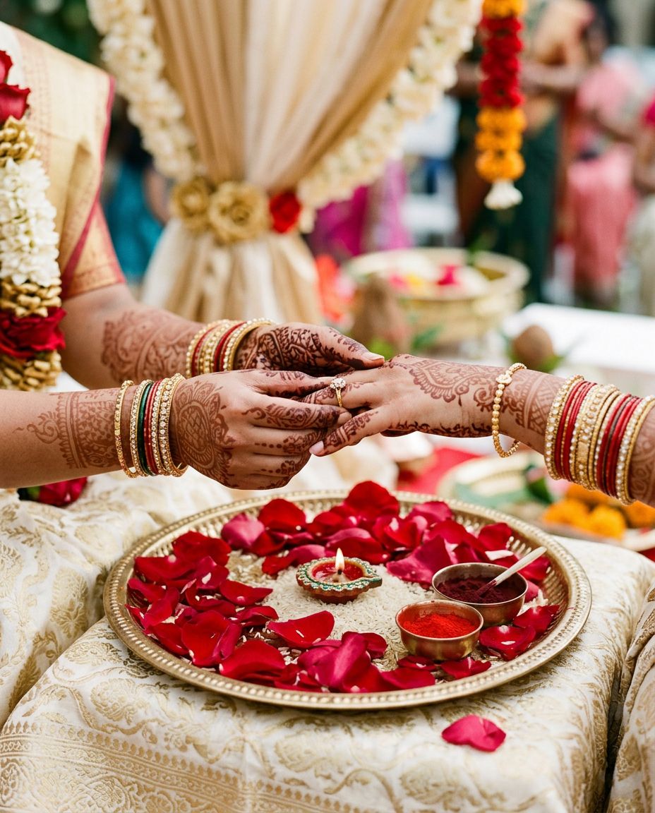 Hands exchanging rings over a plate of rose petals