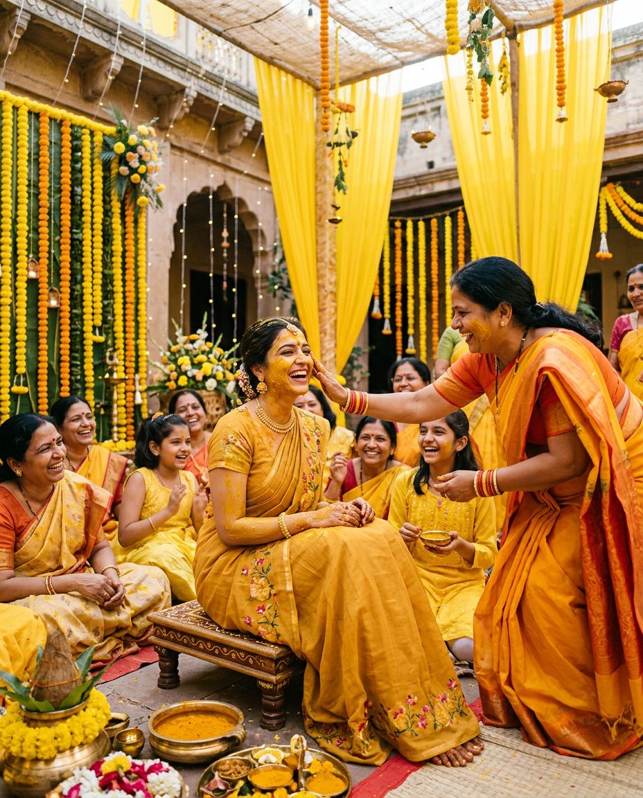 Family members applying haldi to a bride