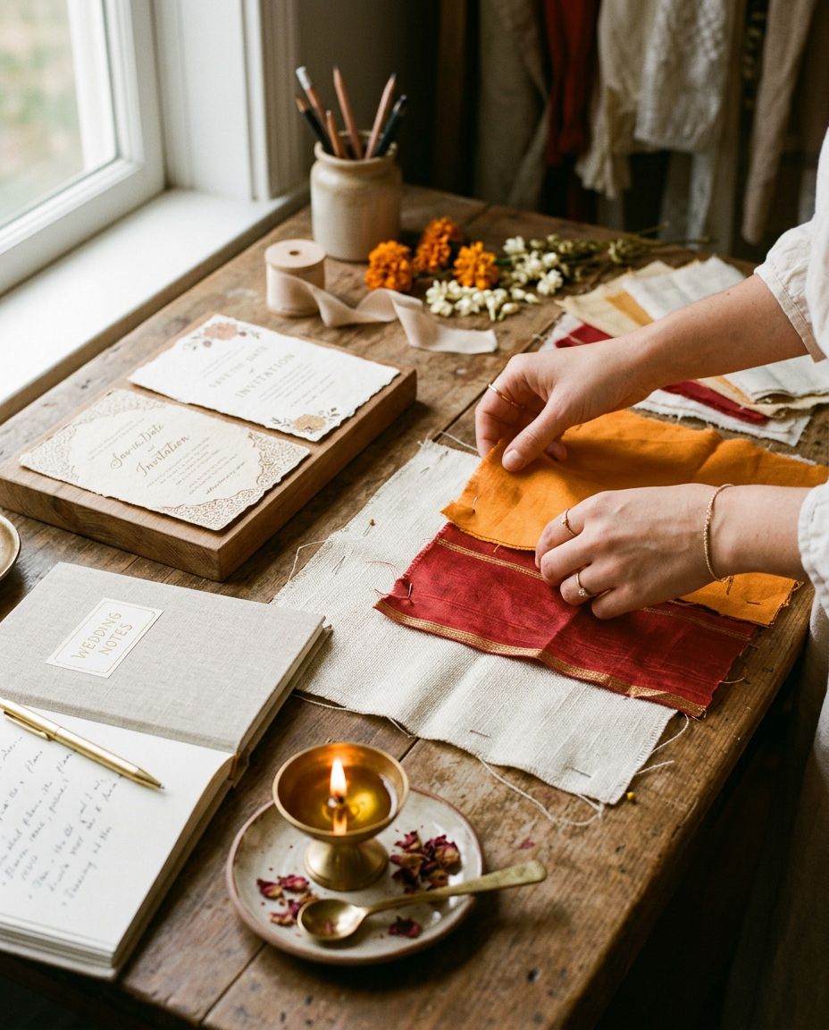 A planner laying out fabric swatches and invitation cards